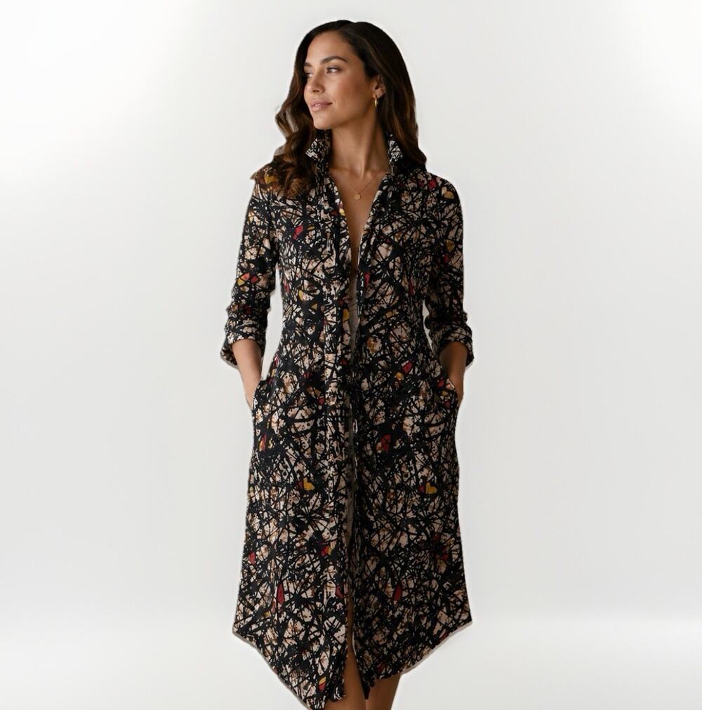 Debo Couture Vintage Abstract Floral Midi Dress Button Front Collared,